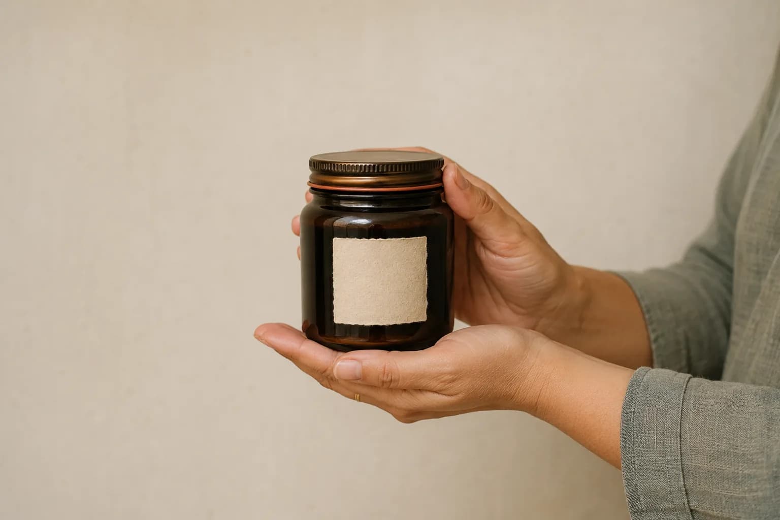 A 500 gram jar held in two hands, for scale