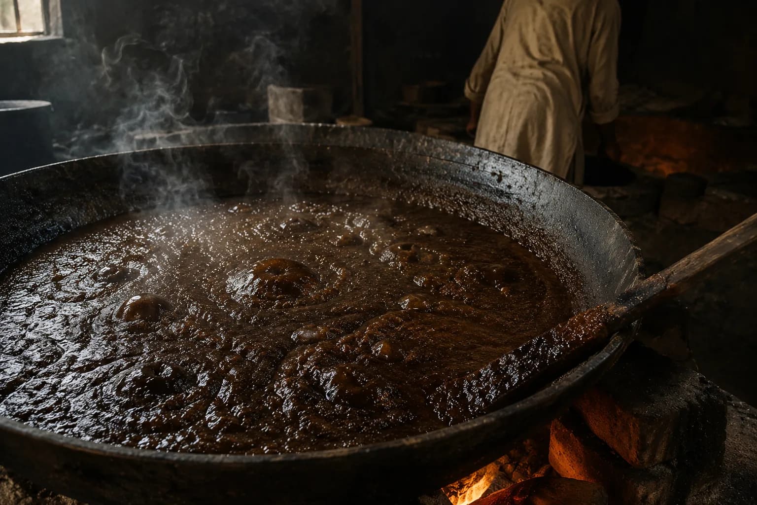 The iron vessel over a wood fire, reducing the fruit