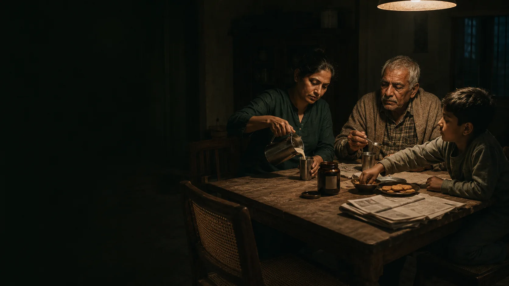 A family at the table with a jar of Chyavana